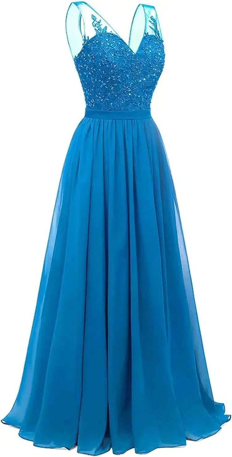 فساتين وصيفات العروس من الشيفون باللون الفيروزي بفتحة على شكل حرف V، طويلة من الدانتيل، مطرزة بالخرز، فساتين سهرة رسمية، توصيل مجاني، ضيف، حفل زفاف