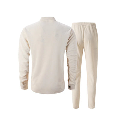 بدلة رجالية جديدة لفصل الخريف، قميص وافل سادة اللون بأكمام طويلة مع كارديجان بجيب، مجموعة ملابس رجالية أنيقة غير رسمية مع بنطلون طويل