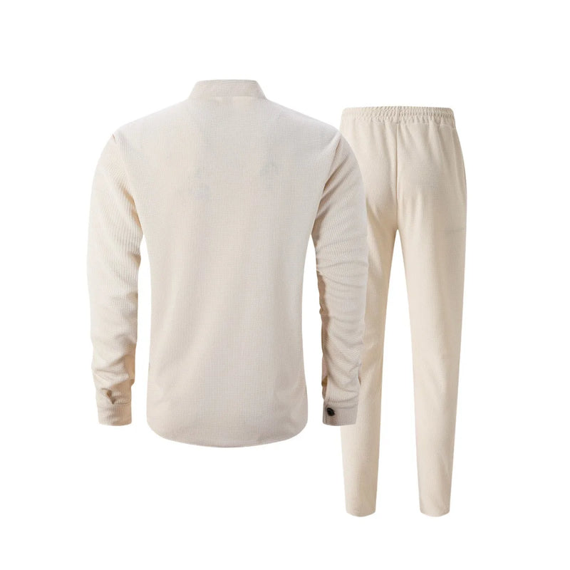 بدلة رجالية جديدة لفصل الخريف، قميص وافل سادة اللون بأكمام طويلة مع كارديجان بجيب، مجموعة ملابس رجالية أنيقة غير رسمية مع بنطلون طويل