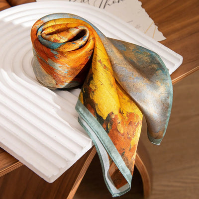 وشاح حريري مربع فاخر مطبوع باللون الأصفر بتصميم ريترو جديد لعام 2025 مصنوع من حرير التوت بنسبة 100% من فور سيزونز