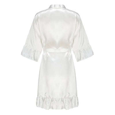 رداء زفاف العروس ووصيفة العروس للنساء هدايا حفلات الزفاف فستان الفريق ثوب حرير ساتان ملابس نوم كيمونو مع كشكشة حرف أبيض