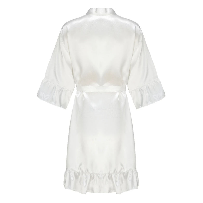 رداء زفاف العروس ووصيفة العروس للنساء هدايا حفلات الزفاف فستان الفريق ثوب حرير ساتان ملابس نوم كيمونو مع كشكشة حرف أبيض
