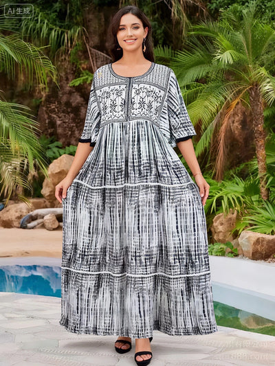 فستان صيفي جديد لعام 2025 عباية إسلامية بأكمام قصيرة وخصر مجمع مزهر فضفاض من بوبو ماكسي إسلامي للنساء ملابس عباية أفريقية