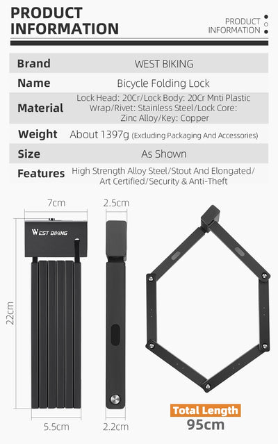 قفل دراجة محمول قابل للطي من ويست بايكينج، قفل أمان متين مضاد للسرقة، قفل دراجة كهربائية، ملحقات دراجات الطرق الجبلية