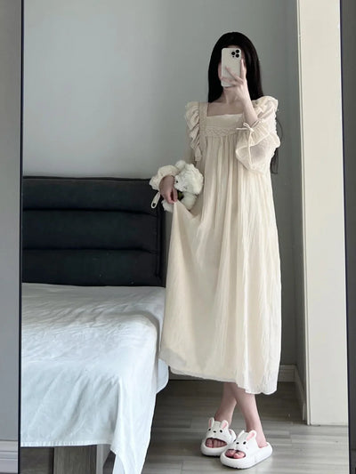 ثوب نوم دانتيل ملابس نوم نسائية كورية مكشكشة ثوب نوم ربيعي قطعة واحدة بيجامة بأكمام طويلة وياقة مربعة ملابس منزلية جديدة 2024