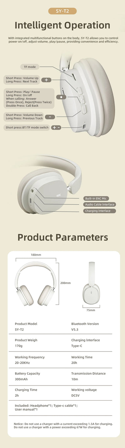 سماعة رأس بلوتوث أصلية SY-T2 عالية الجودة مع ميكروفون لاسلكي لتقليل الضوضاء وسماعات رأس سلكية للاعبين