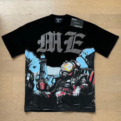 تي شيرت رجالي ونسائي فضفاض كاجوال برقبة دائرية وأكمام قصيرة، مطبوع عليه ملاك من High Street Fashion Hot Drill Streetwear MIXED EMOTION