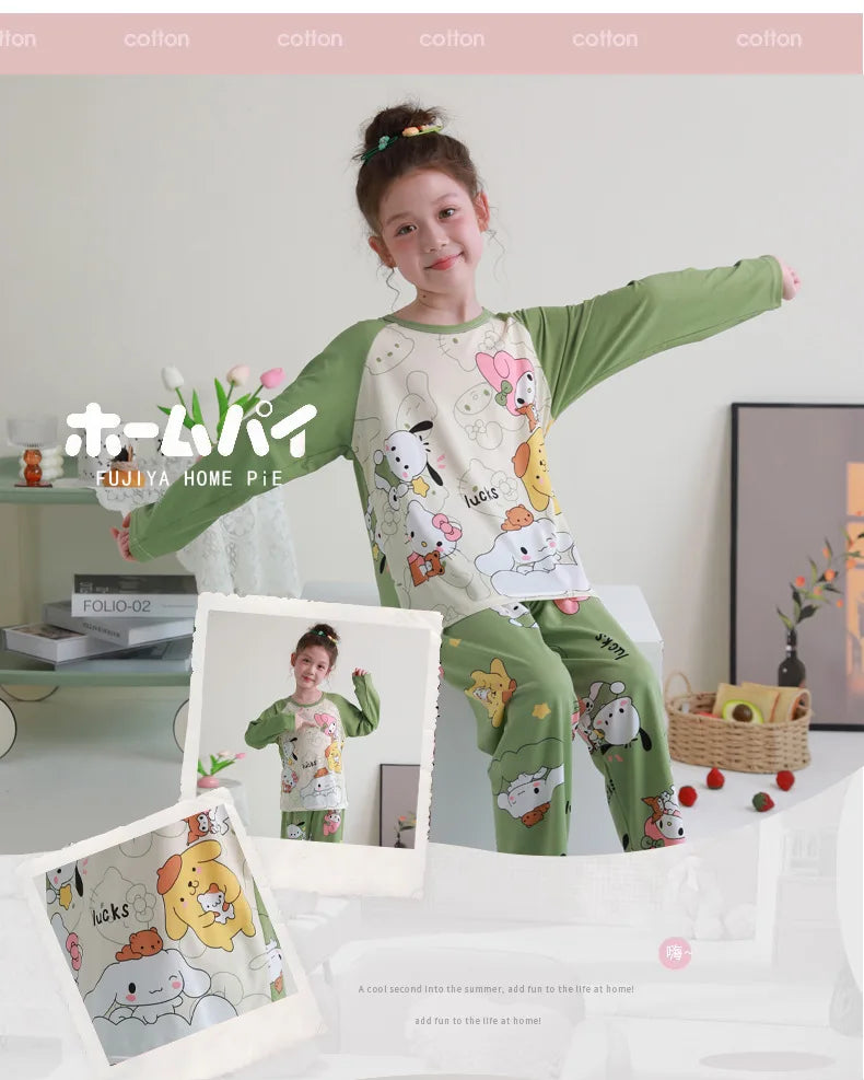 بيجامات أطفال من سانريو كورومي ماي ميلودي كاواي بوشاكو سينامورول قطن خالص بأكمام طويلة طقم ملابس نوم منزلي للأطفال برسومات كرتونية