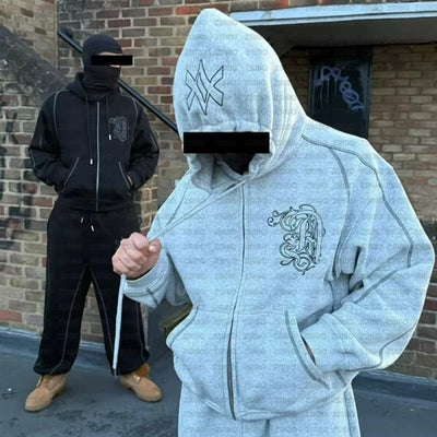 طقم سويت شيرت بقلنسوة وبنطال رياضي كاجوال بسحاب من أمريكا Y2K مكون من قطعتين، سويت شيرت هيب هوب مطرز كبير الحجم للرجال والنساء، بنطلون كاجوال