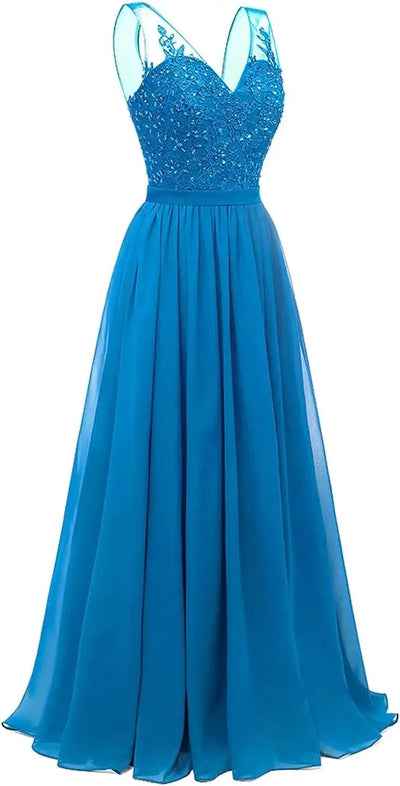 فساتين وصيفات العروس من الشيفون باللون الفيروزي بفتحة على شكل حرف V، طويلة من الدانتيل، مطرزة بالخرز، فساتين سهرة رسمية، توصيل مجاني، ضيف، حفل زفاف