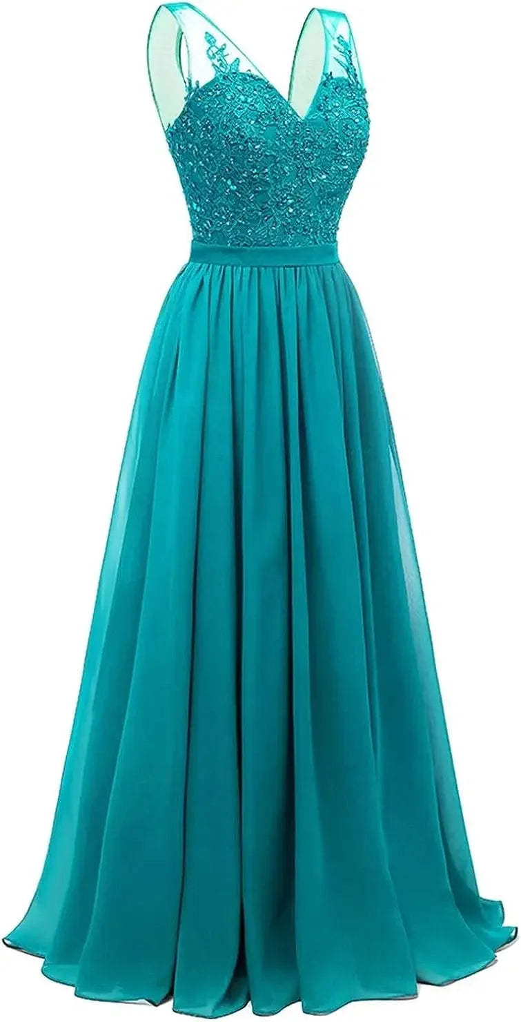 فساتين وصيفات العروس من الشيفون باللون الفيروزي بفتحة على شكل حرف V، طويلة من الدانتيل، مطرزة بالخرز، فساتين سهرة رسمية، توصيل مجاني، ضيف، حفل زفاف