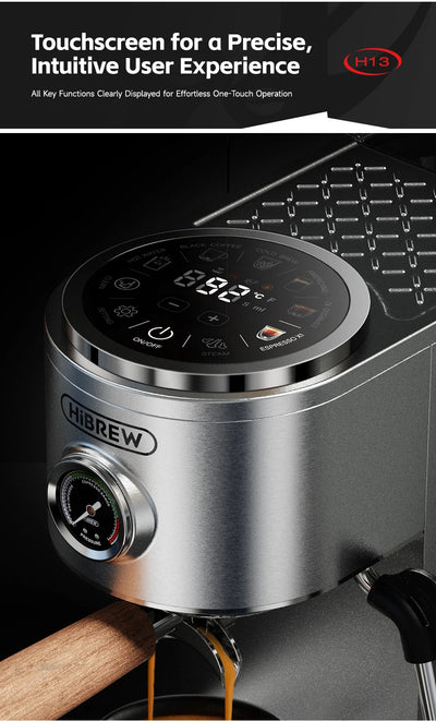 ماكينة صنع قهوة الإسبريسو نصف أوتوماتيكية من HiBREW، بثلاثة مستويات قابلة للتعديل لدرجة الحرارة، بارد/ساخن، 20 بار، ماكينة صنع قهوة كابتشينو H13