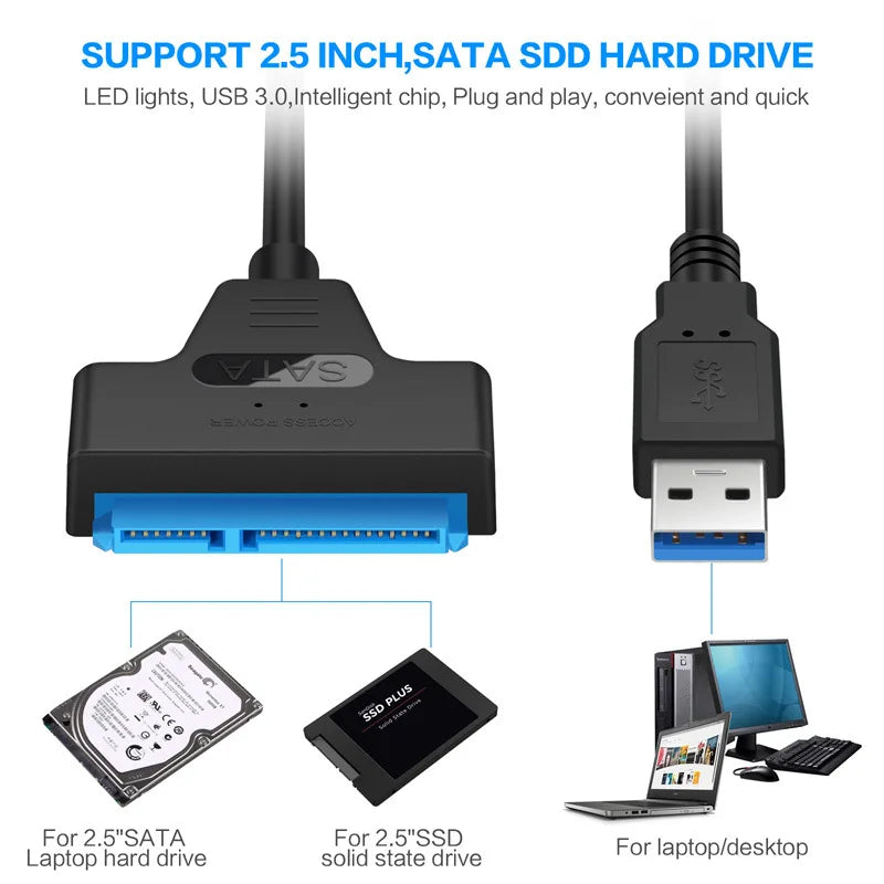 كابل SATA إلى USB 3.0 / 2.0 بسرعة تصل إلى 6 جيجابت في الثانية لمحركات الأقراص الصلبة الخارجية SSD مقاس 2.5 بوصة، محول SATA 3 22 دبوسًا، كابل USB 3.0 إلى Sata III