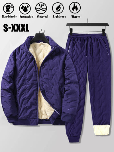 Men's Lamb Fleece Cotton Jacket and Pants 2-piece Set Autumn and Winter Thick Warm Sports Suit Casual Solid Color Coat and Pants