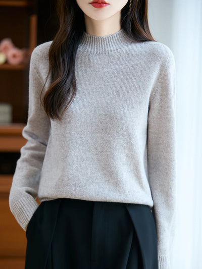 سترة نسائية أساسية للخريف والشتاء أنيقة سميكة من صوف ميرينو 100% محبوكة برقبة وهمية وملابس بأكمام طويلة