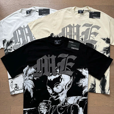 تي شيرت رجالي ونسائي فضفاض كاجوال برقبة دائرية وأكمام قصيرة، مطبوع عليه ملاك من High Street Fashion Hot Drill Streetwear MIXED EMOTION