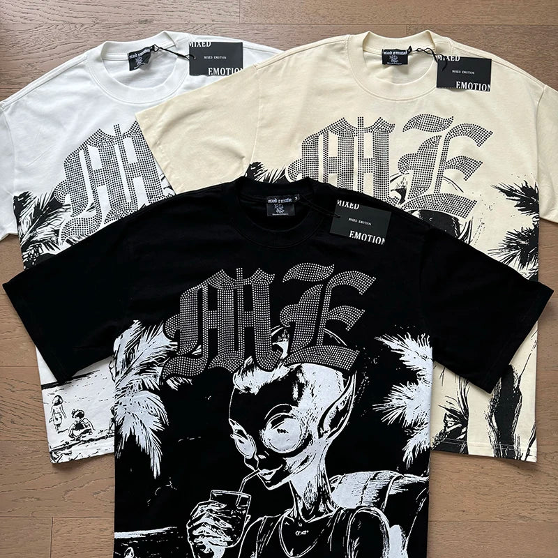 تي شيرت رجالي ونسائي فضفاض كاجوال برقبة دائرية وأكمام قصيرة، مطبوع عليه ملاك من High Street Fashion Hot Drill Streetwear MIXED EMOTION