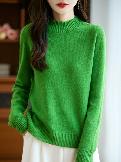 سترة نسائية أساسية للخريف والشتاء أنيقة سميكة من صوف ميرينو 100% محبوكة برقبة وهمية وملابس بأكمام طويلة