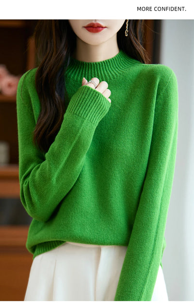 سترة نسائية أساسية للخريف والشتاء أنيقة سميكة من صوف ميرينو 100% محبوكة برقبة وهمية وملابس بأكمام طويلة