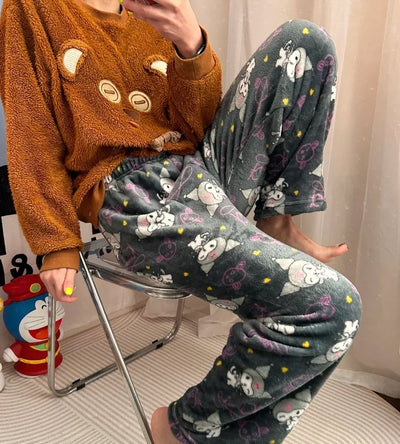 بنطلون بيجامة من الفلانيل من Hello Kitty Kuromi، أنمي، كرتون، Sanrio، بنطلون منزلي، ملابس نوم منزلية للزوجين، بنطلون، ملابس منزلية ترفيهية