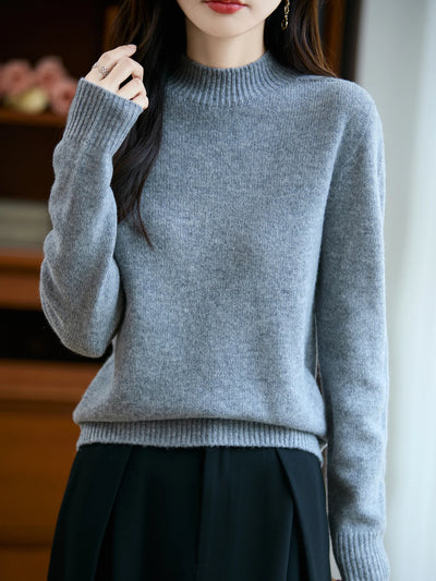 سترة نسائية أساسية للخريف والشتاء أنيقة سميكة من صوف ميرينو 100% محبوكة برقبة وهمية وملابس بأكمام طويلة