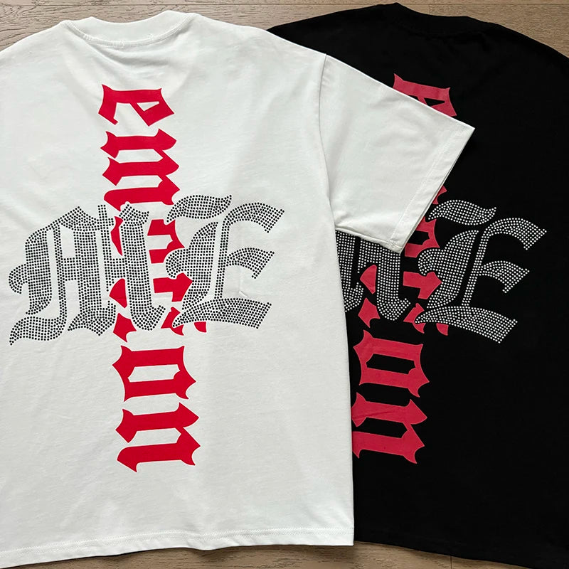 تي شيرت رجالي ونسائي فضفاض كاجوال برقبة دائرية وأكمام قصيرة، مطبوع عليه ملاك من High Street Fashion Hot Drill Streetwear MIXED EMOTION