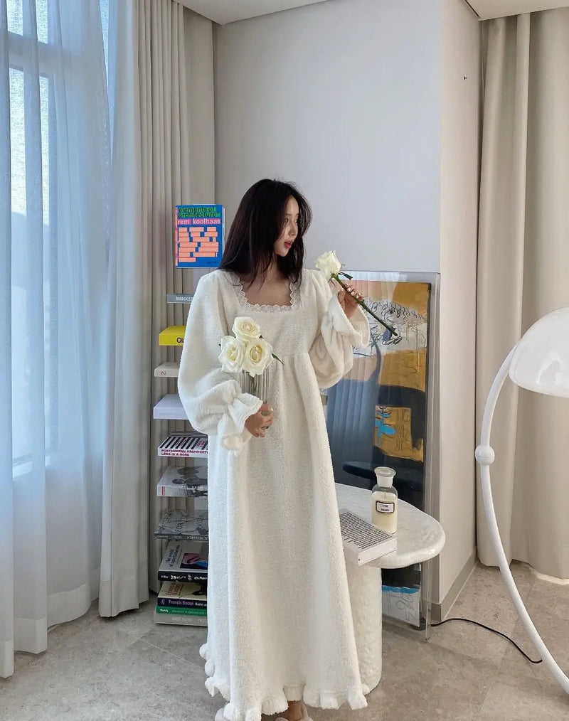 قميص نوم شتوي بأكمام طويلة من الفلانيل للنساء، ملابس نوم فضفاضة سادة، ملابس نوم سميكة ودافئة، ملابس نوم منزلية مريحة