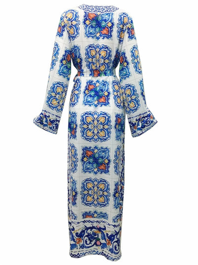 فستان سهرة بوهيمي للشاطئ، مطبوع باللونين الأزرق والأبيض، مناسب للعطلات الصيفية، بأكمام طويلة، مناسب لحفلات التخرج، فستان صيفي بوهيمي، مناسب للسباحة في الشمس