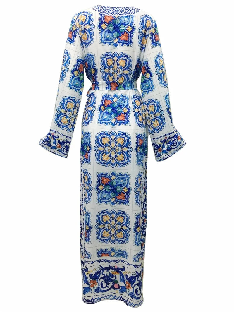 فستان سهرة بوهيمي للشاطئ، مطبوع باللونين الأزرق والأبيض، مناسب للعطلات الصيفية، بأكمام طويلة، مناسب لحفلات التخرج، فستان صيفي بوهيمي، مناسب للسباحة في الشمس