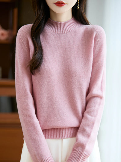 سترة نسائية أساسية للخريف والشتاء أنيقة سميكة من صوف ميرينو 100% محبوكة برقبة وهمية وملابس بأكمام طويلة