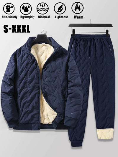 Men's Lamb Fleece Cotton Jacket and Pants 2-piece Set Autumn and Winter Thick Warm Sports Suit Casual Solid Color Coat and Pants