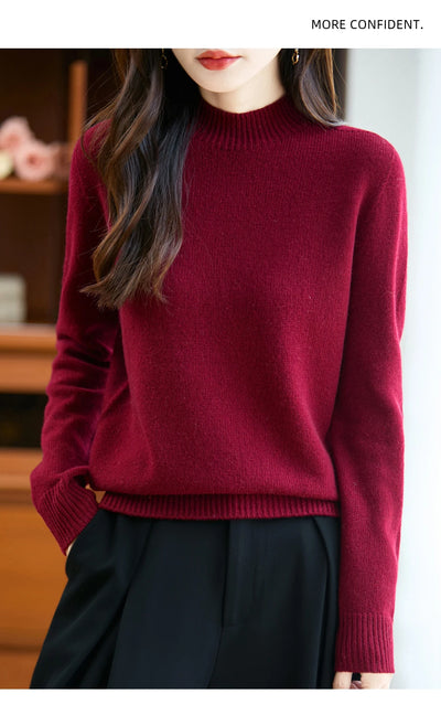 سترة نسائية أساسية للخريف والشتاء أنيقة سميكة من صوف ميرينو 100% محبوكة برقبة وهمية وملابس بأكمام طويلة