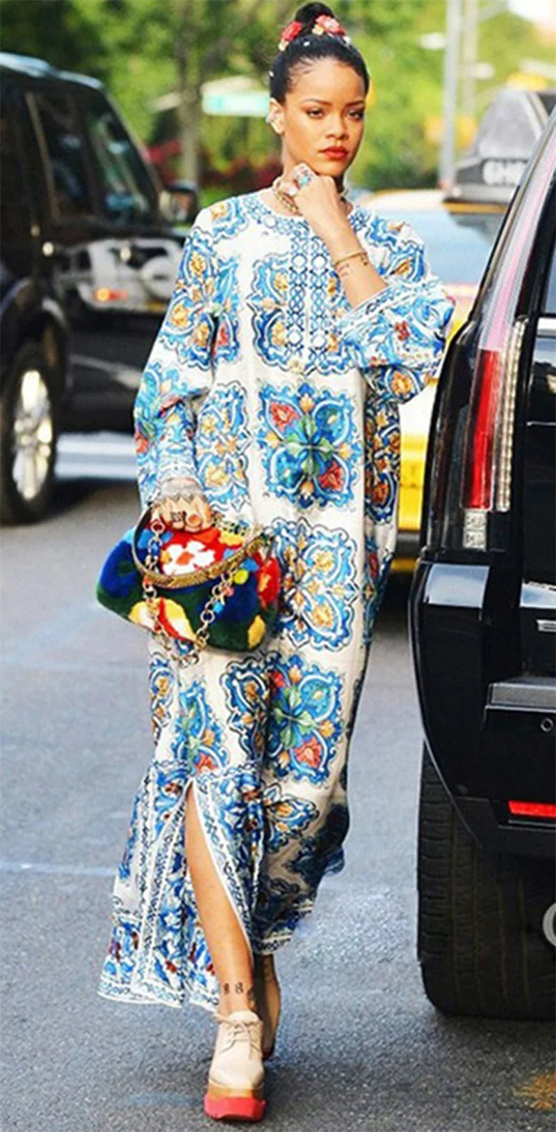 فستان سهرة بوهيمي للشاطئ، مطبوع باللونين الأزرق والأبيض، مناسب للعطلات الصيفية، بأكمام طويلة، مناسب لحفلات التخرج، فستان صيفي بوهيمي، مناسب للسباحة في الشمس