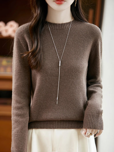 سترة نسائية أساسية للخريف والشتاء أنيقة من صوف ميرينو 100% محبوكة برقبة دائرية وأكمام طويلة وقماش جيرسي للسيدات