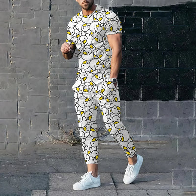 طقم ملابس رياضية رجالي مطبوع عليه بطة مضحكة ثلاثية الأبعاد، مكون من تي شيرت بأكمام قصيرة وبنطلون، مكون من قطعتين، بلوفر كبير الحجم، ملابس رجالية