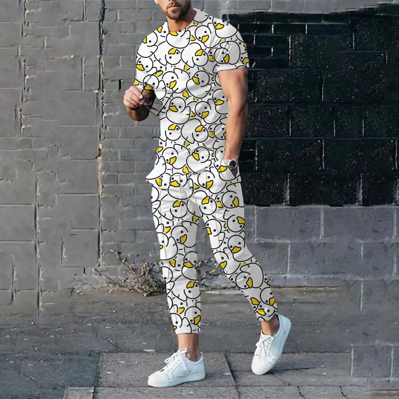 طقم ملابس رياضية رجالي مطبوع عليه بطة مضحكة ثلاثية الأبعاد، مكون من تي شيرت بأكمام قصيرة وبنطلون، مكون من قطعتين، بلوفر كبير الحجم، ملابس رجالية