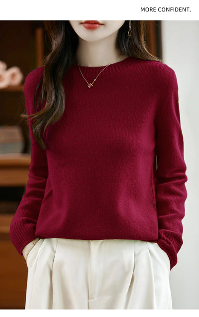 سترة نسائية أساسية للخريف والشتاء أنيقة من صوف ميرينو 100% محبوكة برقبة دائرية وأكمام طويلة وقماش جيرسي للسيدات