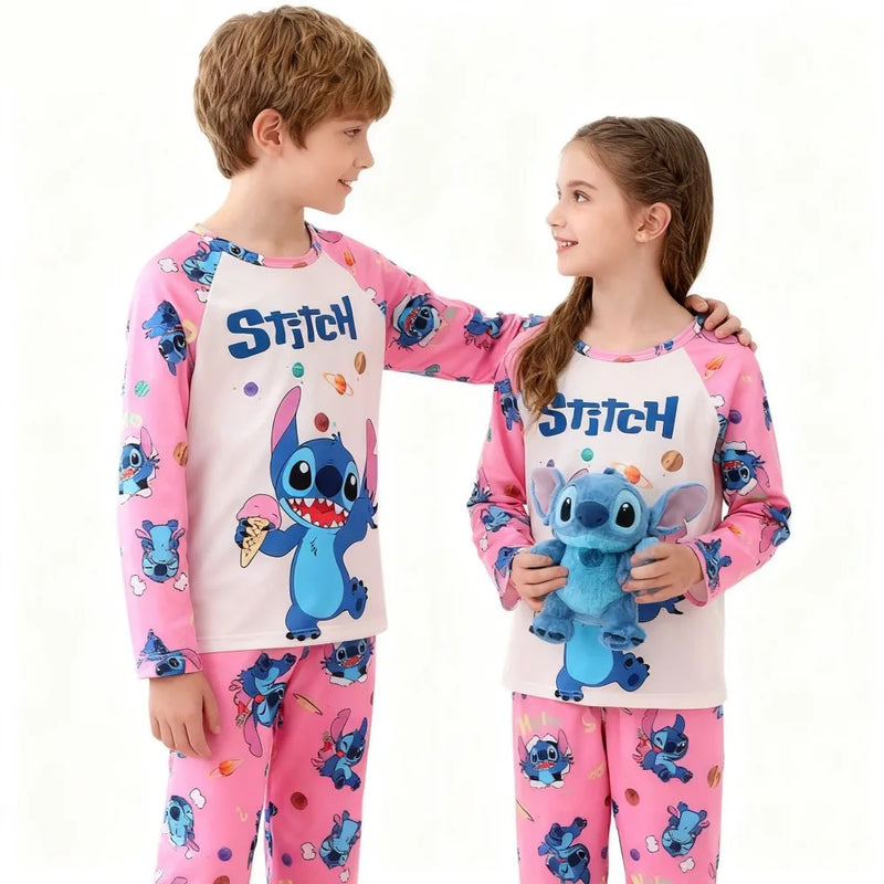 طقم بيجامات بأكمام طويلة بطبعة كرتونية للبنات - ملابس نوم وردية لطيفة من بيجامات ستيتش فيلز بيجامات نافيدينا ملابس نوم مريحة