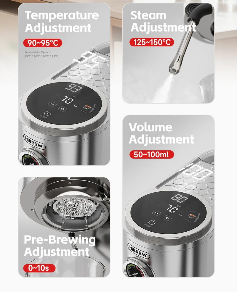 ماكينة صنع قهوة الإسبريسو نصف أوتوماتيكية من HiBREW، بثلاثة مستويات قابلة للتعديل لدرجة الحرارة، بارد/ساخن، 20 بار، ماكينة صنع قهوة كابتشينو H13