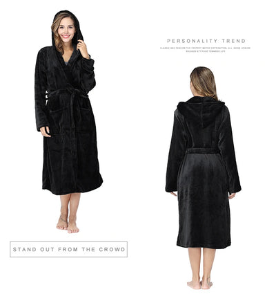 رداء حمام نسائي من RONGTAI بلون سادة مزود بغطاء للرأس، مصنوع من الصوف الناعم، رداء طويل دافئ، ثوب نوم من الصوف