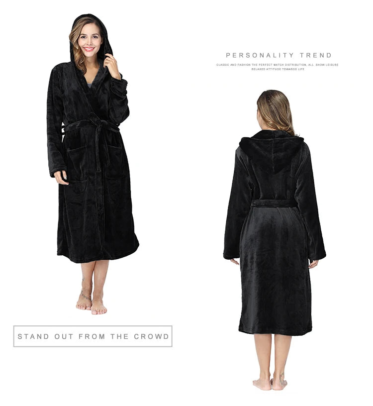 رداء حمام نسائي من RONGTAI بلون سادة مزود بغطاء للرأس، مصنوع من الصوف الناعم، رداء طويل دافئ، ثوب نوم من الصوف