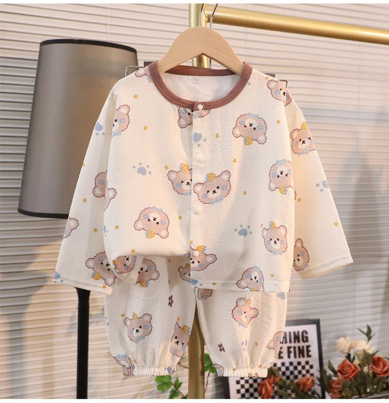 ملابس نوم جديدة للأطفال برسومات كرتونية لطيفة، قطعتين، بيجامات منزلية رقيقة للربيع والصيف للأولاد والبنات، ملابس مكيفة