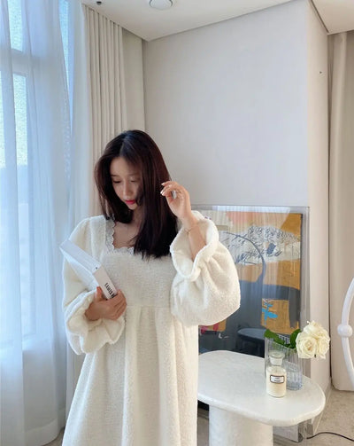 قميص نوم شتوي بأكمام طويلة من الفلانيل للنساء، ملابس نوم فضفاضة سادة، ملابس نوم سميكة ودافئة، ملابس نوم منزلية مريحة