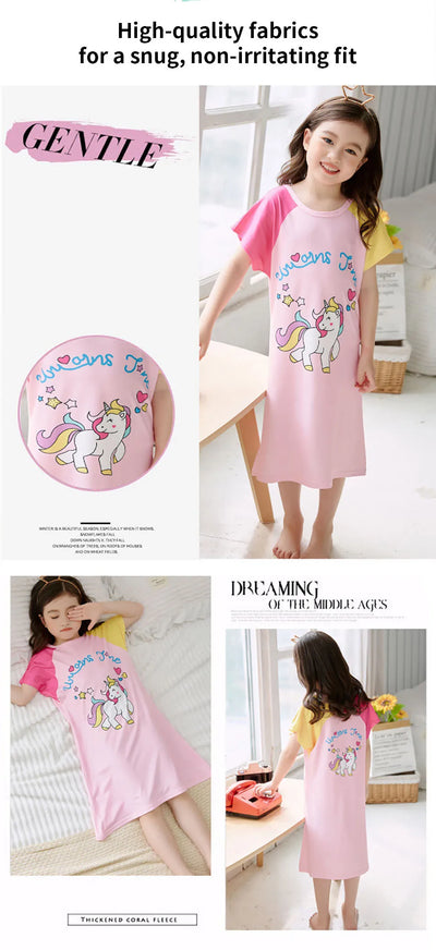 Summer Sleepwear for Girls Short-Sleeve Cartoon Unicorn Dino Nightgown Children Sleeping Clothes for Little Kids Bedtime Dress