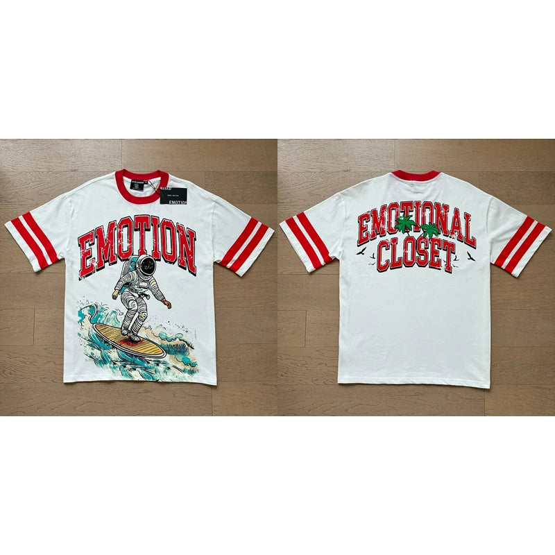 تي شيرت رجالي ونسائي فضفاض كاجوال برقبة دائرية وأكمام قصيرة، مطبوع عليه ملاك من High Street Fashion Hot Drill Streetwear MIXED EMOTION