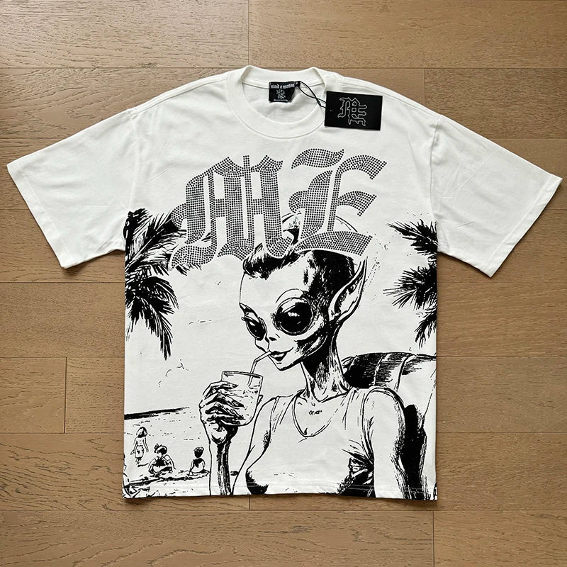 تي شيرت رجالي ونسائي فضفاض كاجوال برقبة دائرية وأكمام قصيرة، مطبوع عليه ملاك من High Street Fashion Hot Drill Streetwear MIXED EMOTION