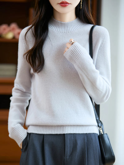 سترة نسائية أساسية للخريف والشتاء أنيقة سميكة من صوف ميرينو 100% محبوكة برقبة وهمية وملابس بأكمام طويلة