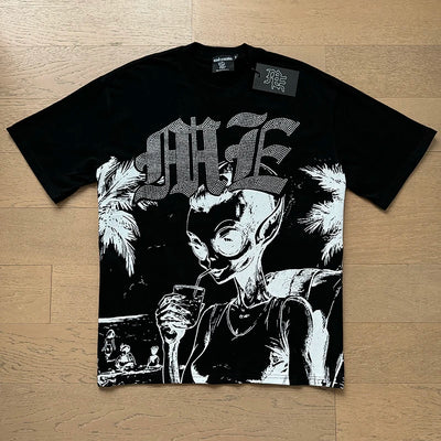 تي شيرت رجالي ونسائي فضفاض كاجوال برقبة دائرية وأكمام قصيرة، مطبوع عليه ملاك من High Street Fashion Hot Drill Streetwear MIXED EMOTION