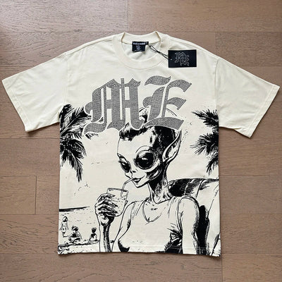 تي شيرت رجالي ونسائي فضفاض كاجوال برقبة دائرية وأكمام قصيرة، مطبوع عليه ملاك من High Street Fashion Hot Drill Streetwear MIXED EMOTION