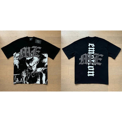 تي شيرت رجالي ونسائي فضفاض كاجوال برقبة دائرية وأكمام قصيرة، مطبوع عليه ملاك من High Street Fashion Hot Drill Streetwear MIXED EMOTION